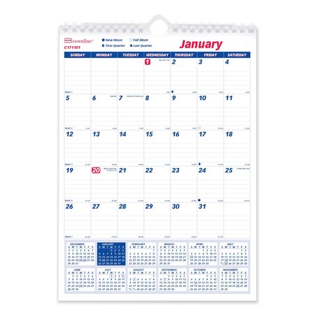 Brownline Calendar, Wall, Monthly, 8x11", White C171101